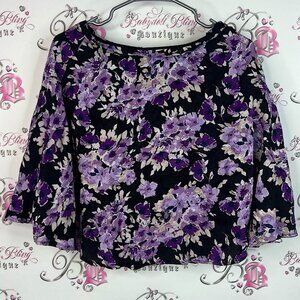 Ricki's top shirt ruffle sleeves flowers flowy Black and Purple Floral Blouse